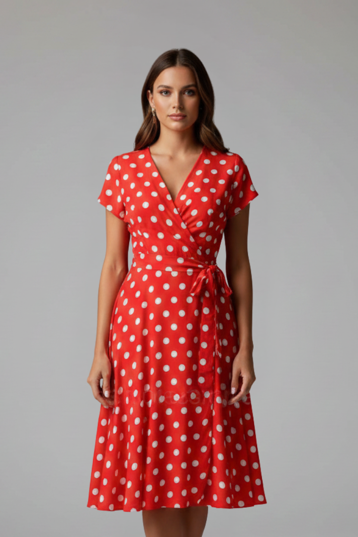 Modern V-neck knee-length dress for women, with textured fabric and pretty ruffled sleeves.