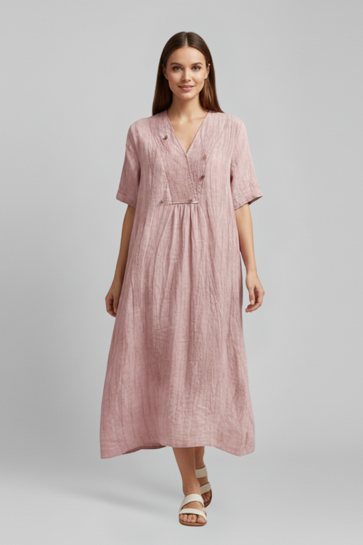 Casual yet elegant V-neck dress for women, knee-length, with flattering ruffled sleeves.