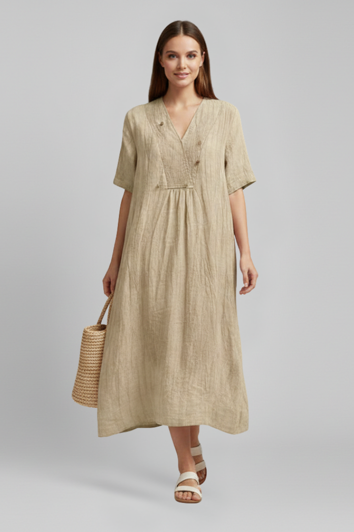 Women's knee-length V-neck dress with ruffled sleeves, a perfect blend of comfort and style.