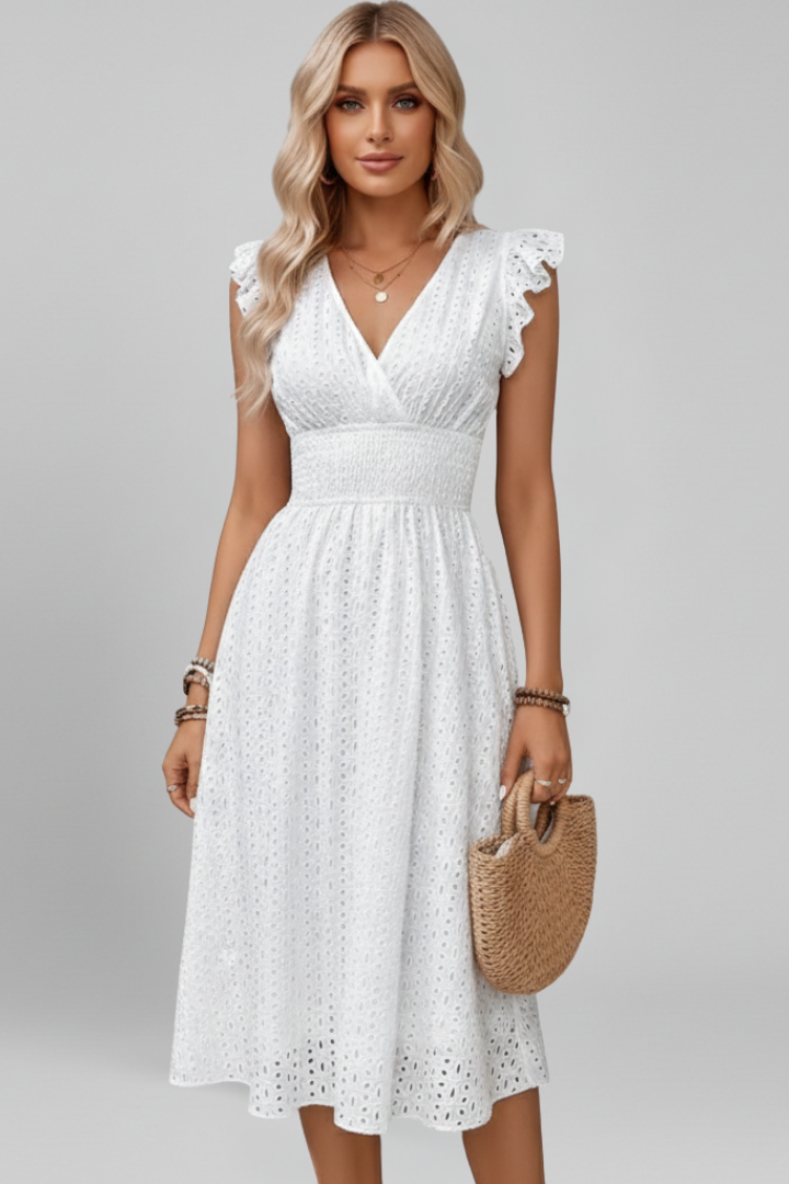 Elegant textured V-neck dress with ruffled sleeves, knee-length for women's summer fashion.