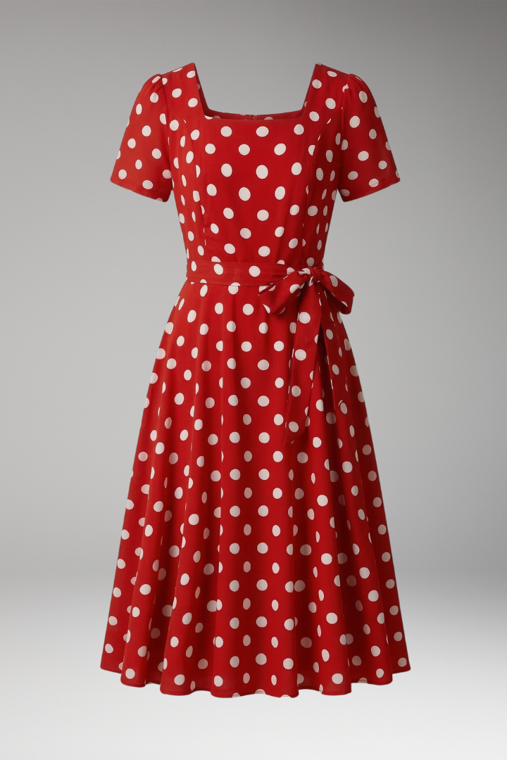 Flattering V-neck knee-length day dress for women, featuring stylish ruffled sleeves.