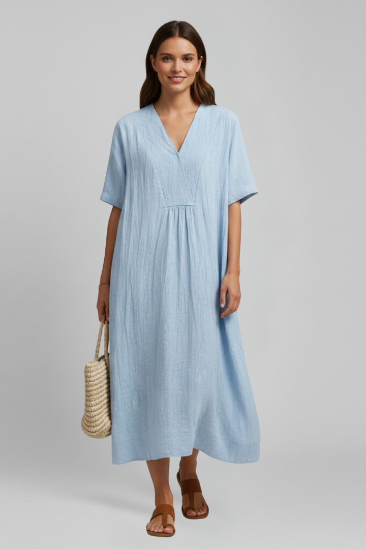 Casual chic V-neck dress for women, knee-length, with comfortable ruffled sleeves.