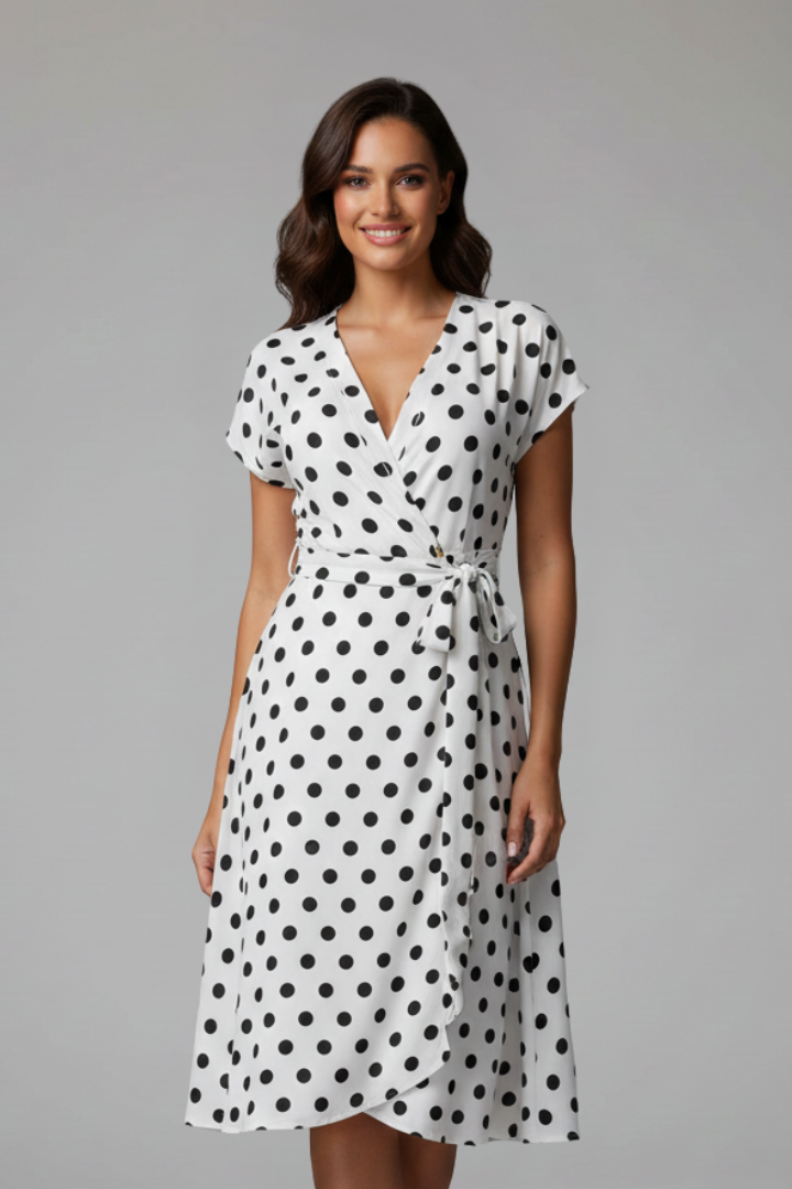 Women's summer fashion V-neck dress, knee-length and textured, with delicate ruffled sleeves.