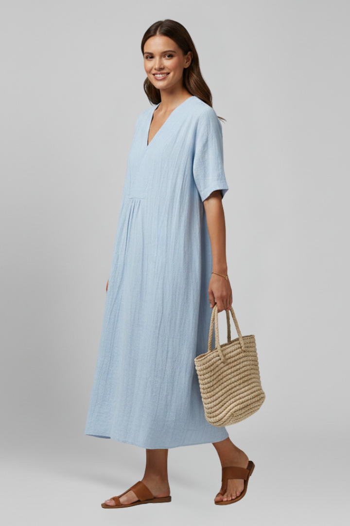 Stylish knee-length V-neck dress for women, showcasing elegant ruffled sleeves and a flattering fit.