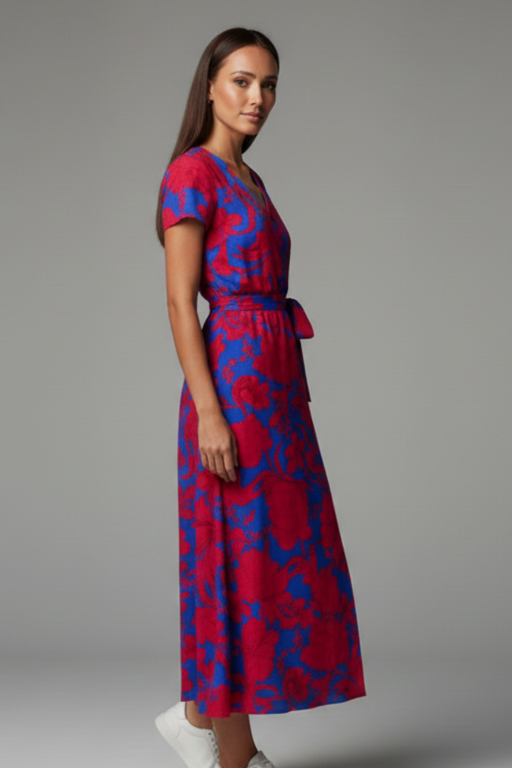 Textured V-neck women's dress, knee-length, with graceful ruffled sleeves for an elegant look.