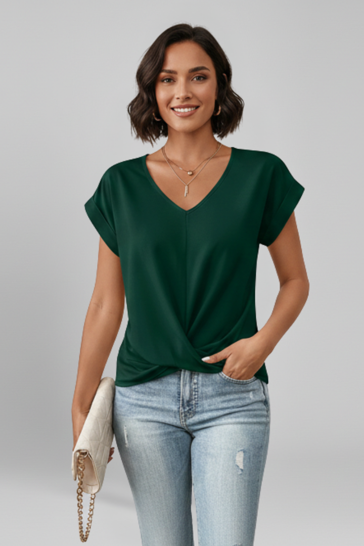 Professional women's V-neck short sleeve blouse, elegant for office or smart casual.
