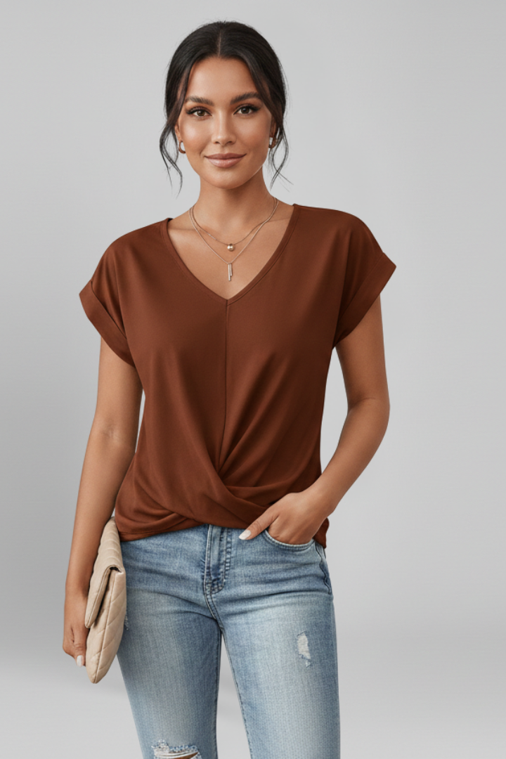 Stylish V-neck short sleeve blouse for women, elegant & comfortable for any occasion.