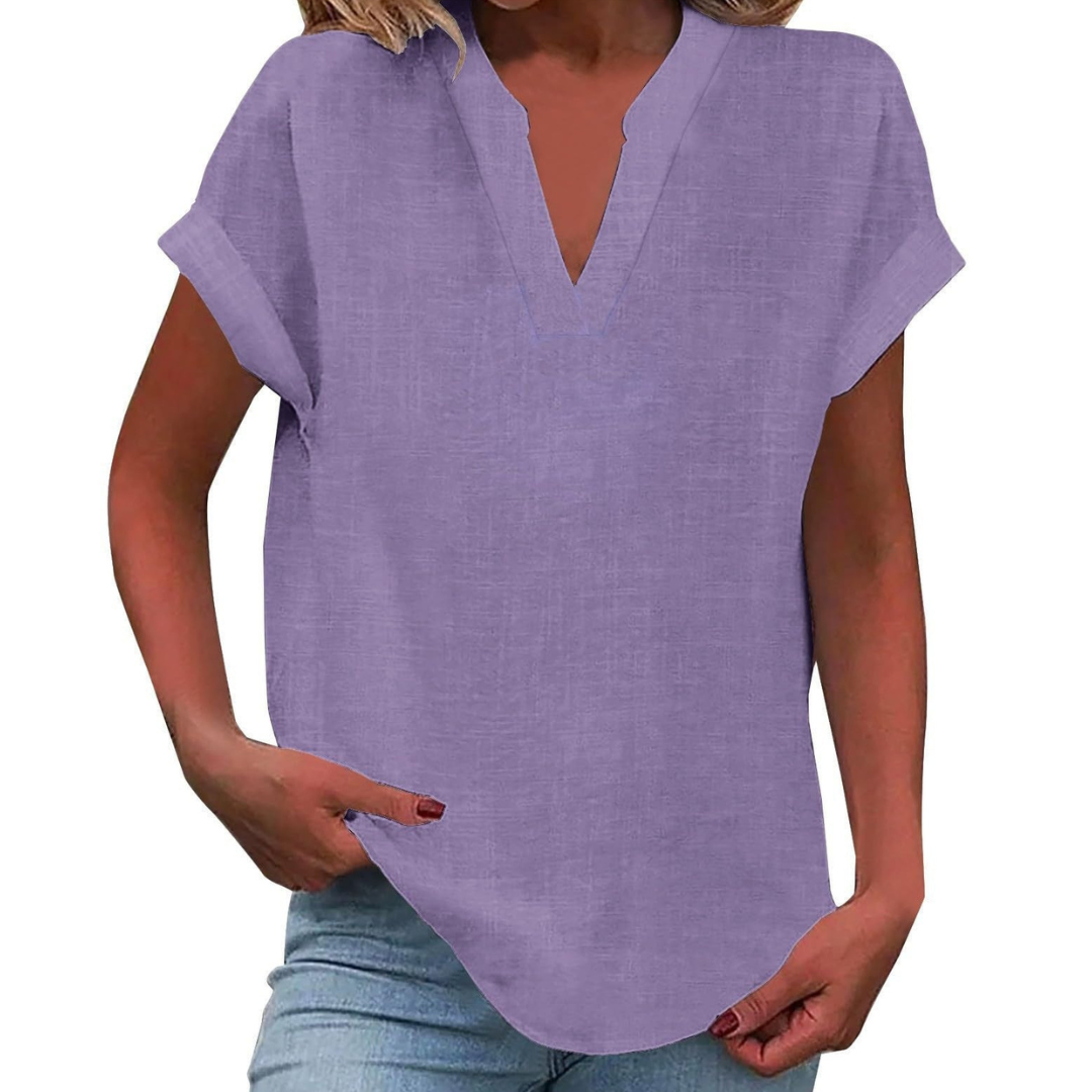 Women's V-neck short sleeve blouse in a solid color, perfect for casual spring and summer everyday style.