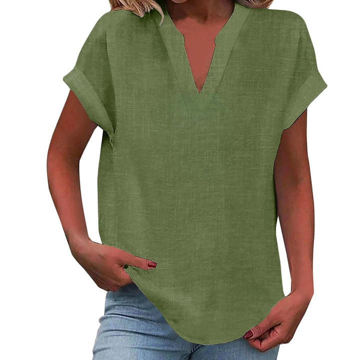Breathable women's V-neck short sleeve blouse, perfect for warm weather and relaxed summer spring fashion.