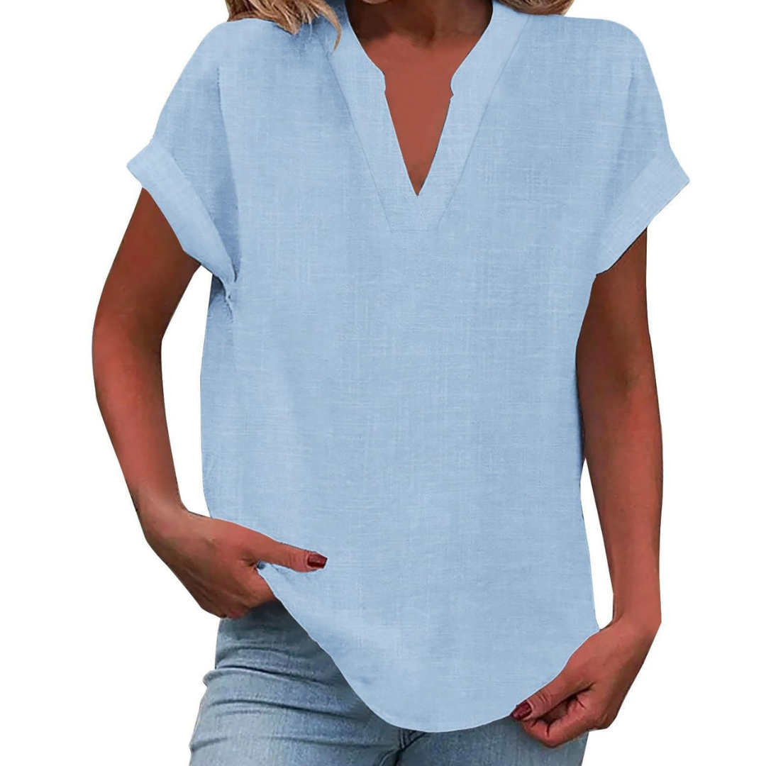 Chic solid color women's V-neck top with short sleeves, ideal for versatile spring and summer fashion.