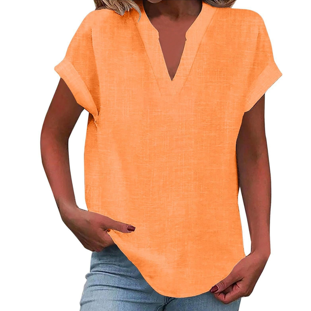 Lightweight women's V-neck short sleeve blouse, an essential solid color summer top for breezy comfort.