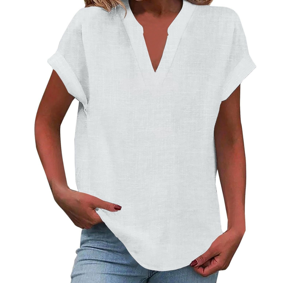 Effortless style with this solid color women's V-neck short sleeve blouse, a comfortable top for any day.
