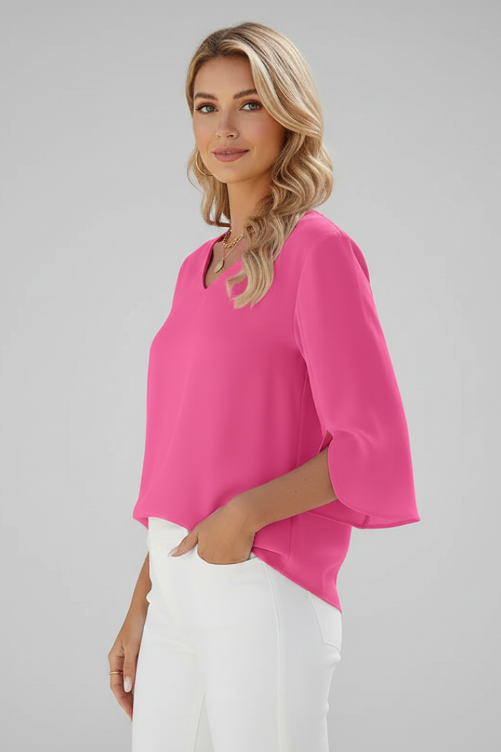 Stylish V-neck short sleeve blouse for women, soft fabric, great for versatile casual and office wear.