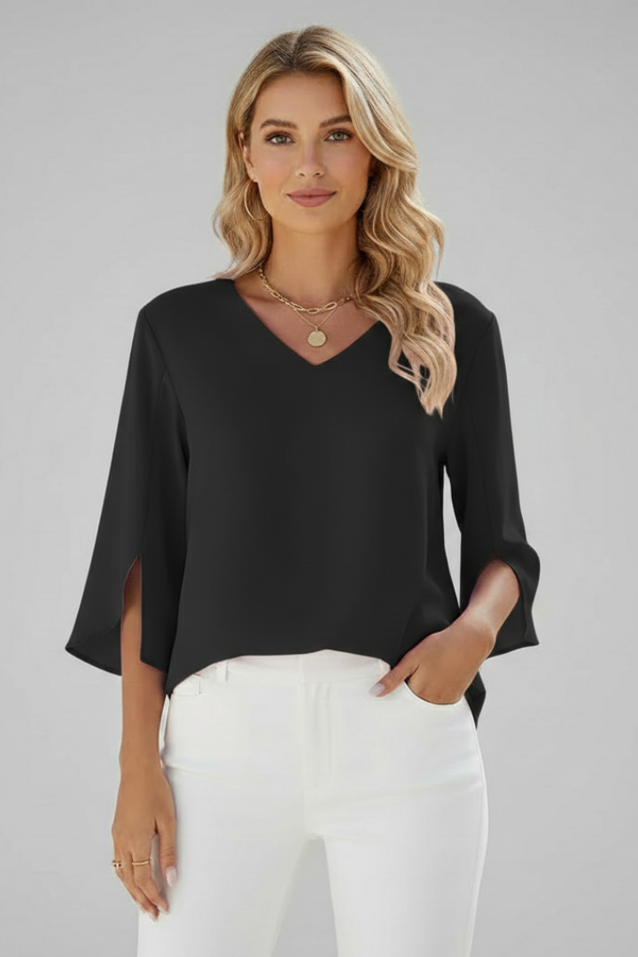 Easy pull-on style women's V-neck short sleeve blouse, perfect casual wear for a relaxed everyday look.