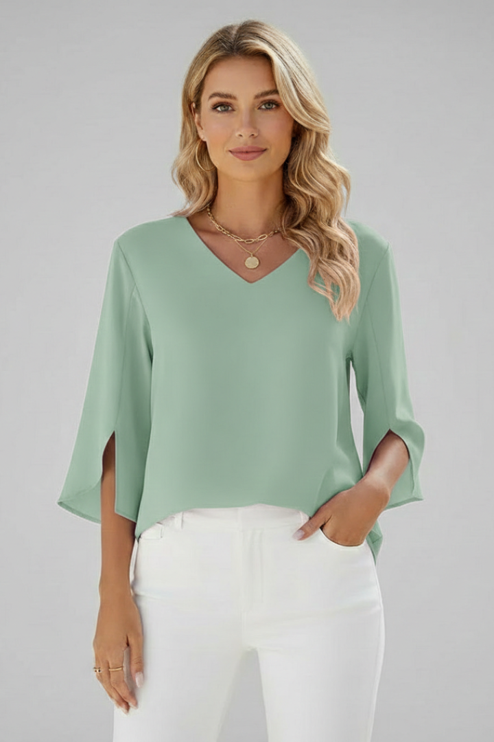 Chic V-neck short sleeve blouse for women, a versatile top perfect for office and casual wear.