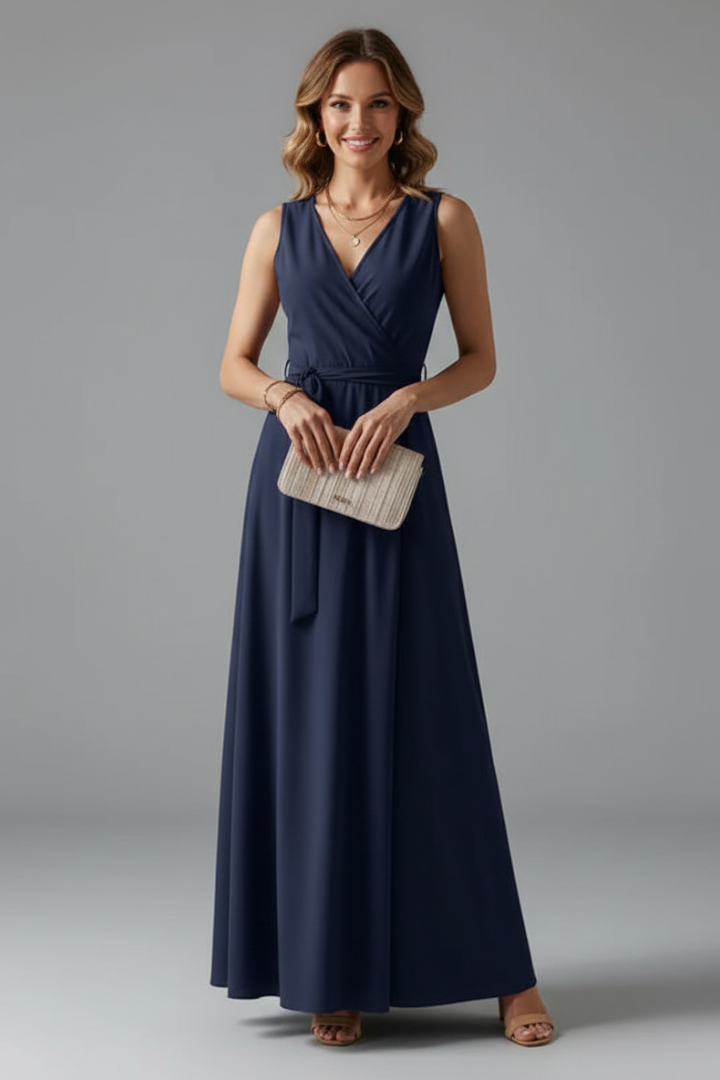 Chic women's V-neck sleeveless long dress, a versatile maxi style for casual wear or elegant summer events.