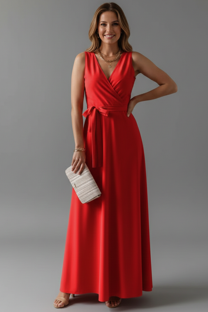 Elegant women's V-neck maxi dress, sleeveless, offering comfort & sophisticated style for any occasion.