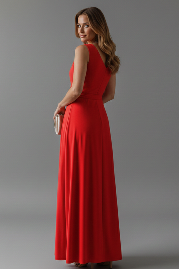 Stylish V-neck detail on a women's sleeveless long dress, offering a flattering and comfortable fit.