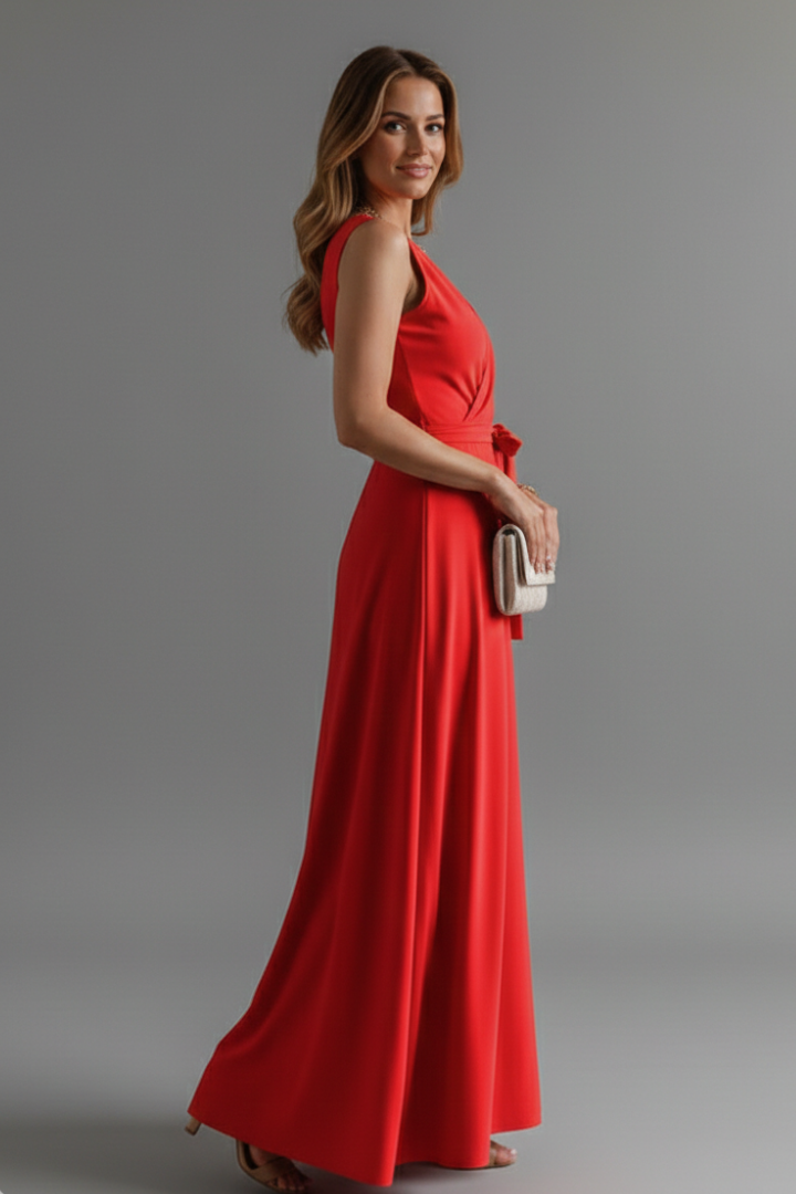 Women's sleeveless long dress with adjustable waist, V-neck, providing a customizable, comfortable fit.