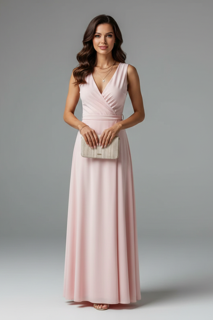 Flowy women's sleeveless long dress with a flattering V-neck, offering effortless style and comfort.