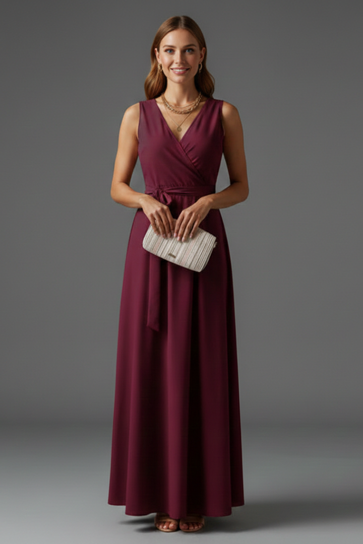 Women's V-neck sleeveless maxi dress in a soft fabric, designed for all-day comfort and elegant style.