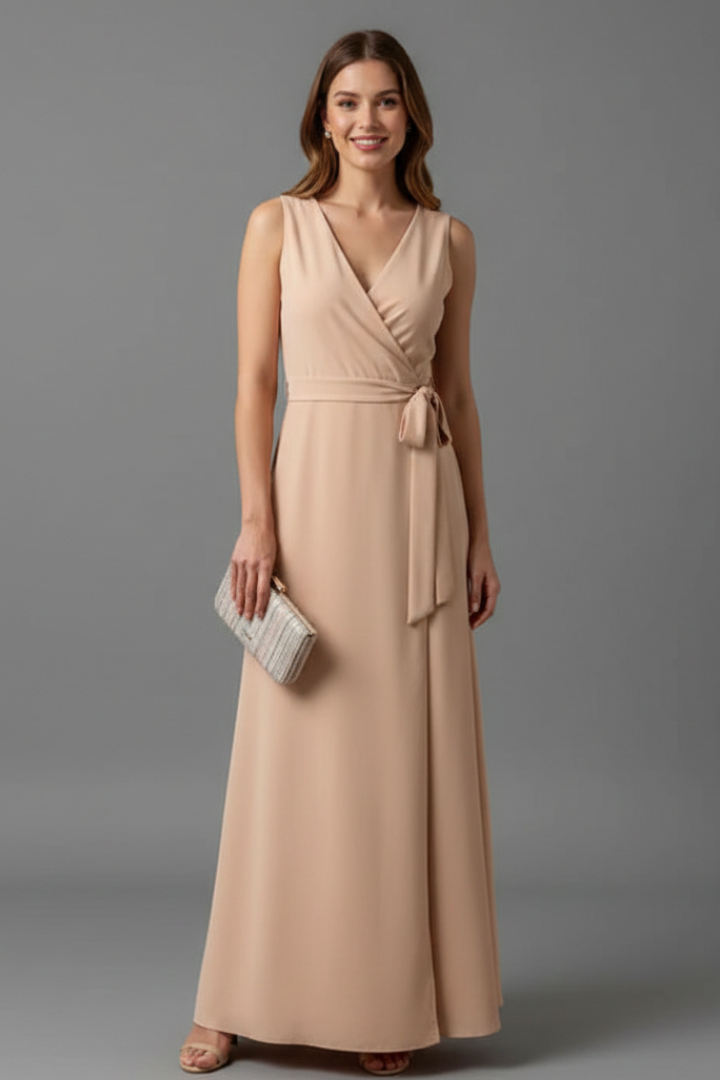 Women's V-neck sleeveless long dress in motion, showcasing its flowy design & comfortable summer style.