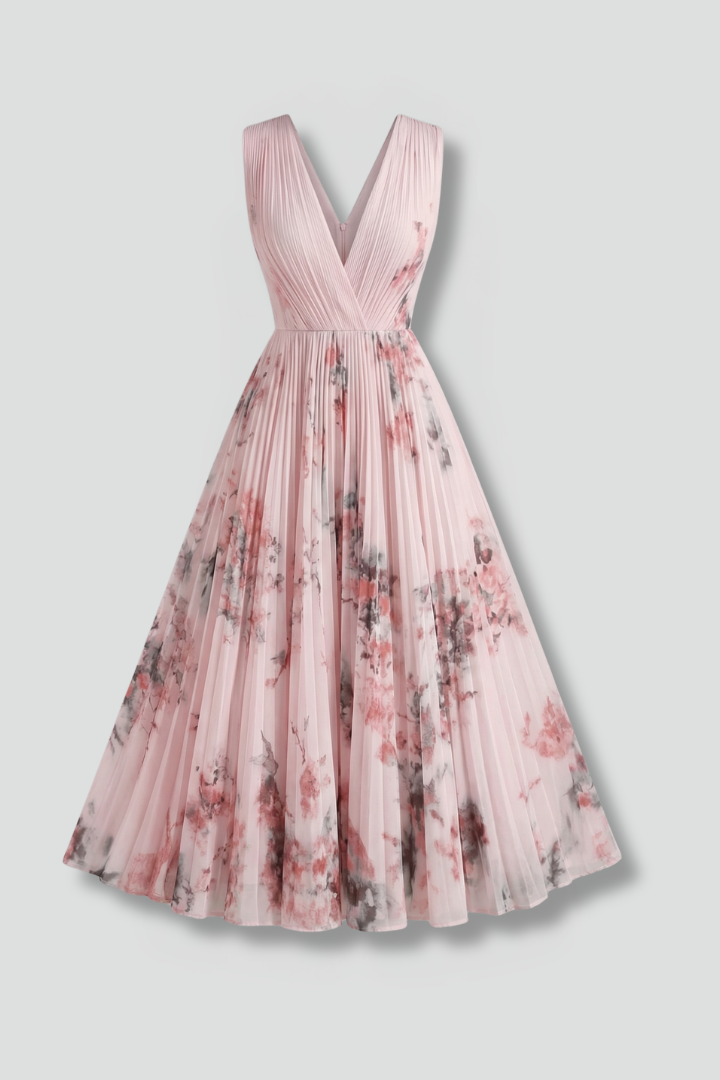 Women's V-neck sleeveless pleated midi dress, perfect for elegant spring and summer fashion.