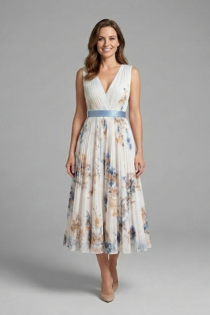 Women's V-neck sleeveless pleated midi dress, a must-have for graceful spring-summer style.