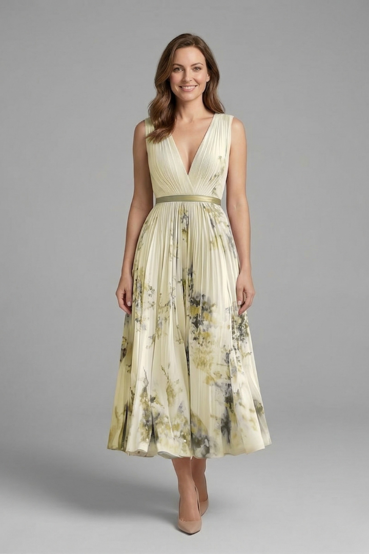 Classic women's V-neck sleeveless midi dress with elegant pleats, perfect for warm weather.