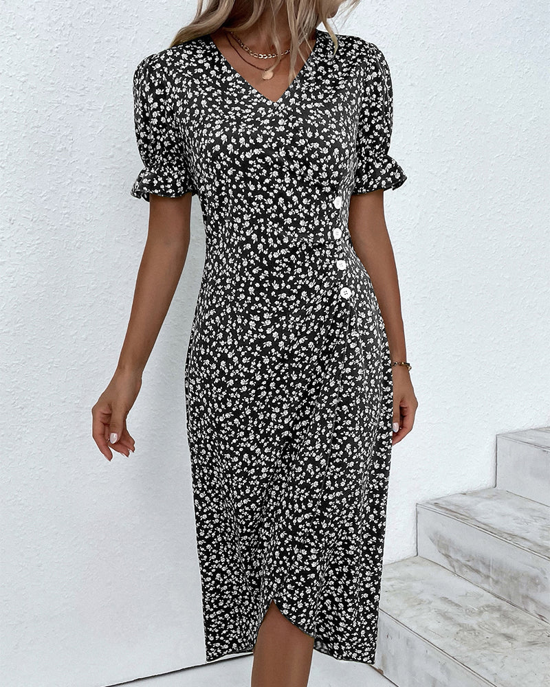 Trendy women's V-neck wrap midi dress with short sleeves, a must-have for modern style.