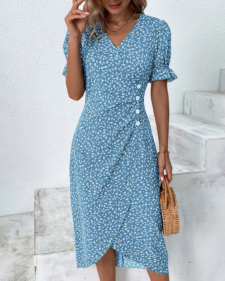 Elegant women's V-neck wrap midi dress with short sleeves, ideal for flattering silhouettes.
