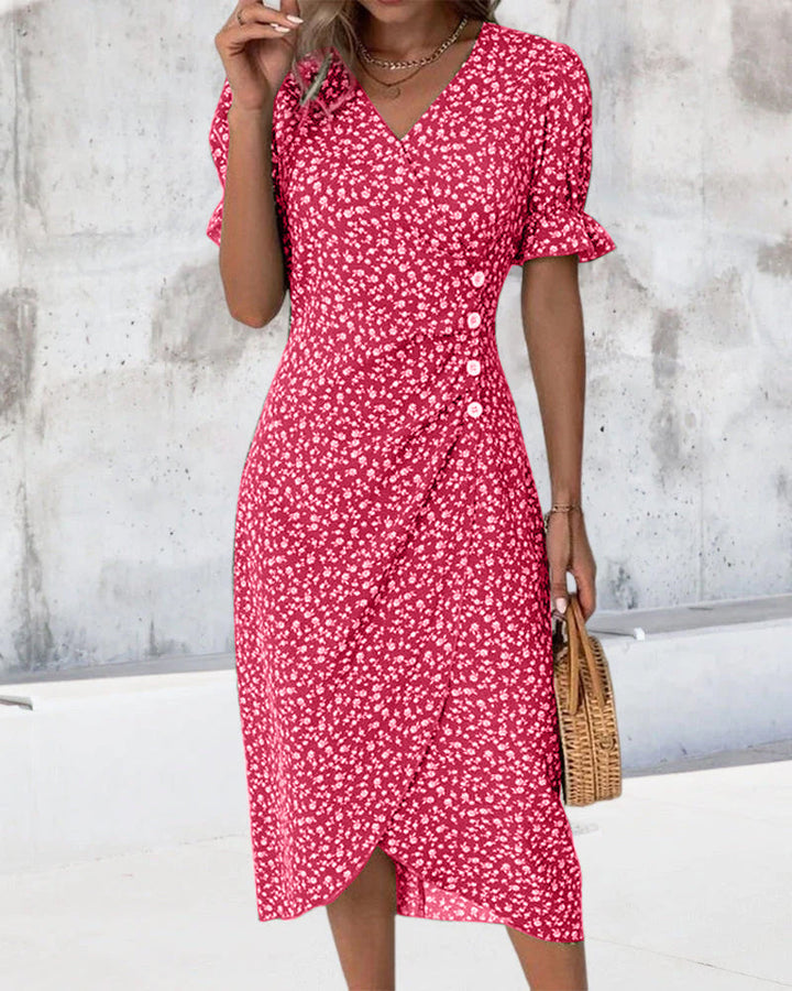 Comfortable women's short sleeve V-neck wrap midi dress, suitable for everyday casual wear.