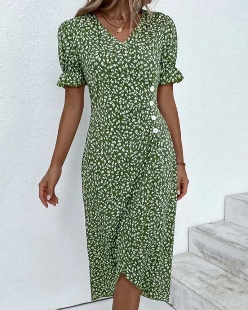 Chic women's printed V-neck wrap midi dress with short sleeves, a versatile wardrobe essential.