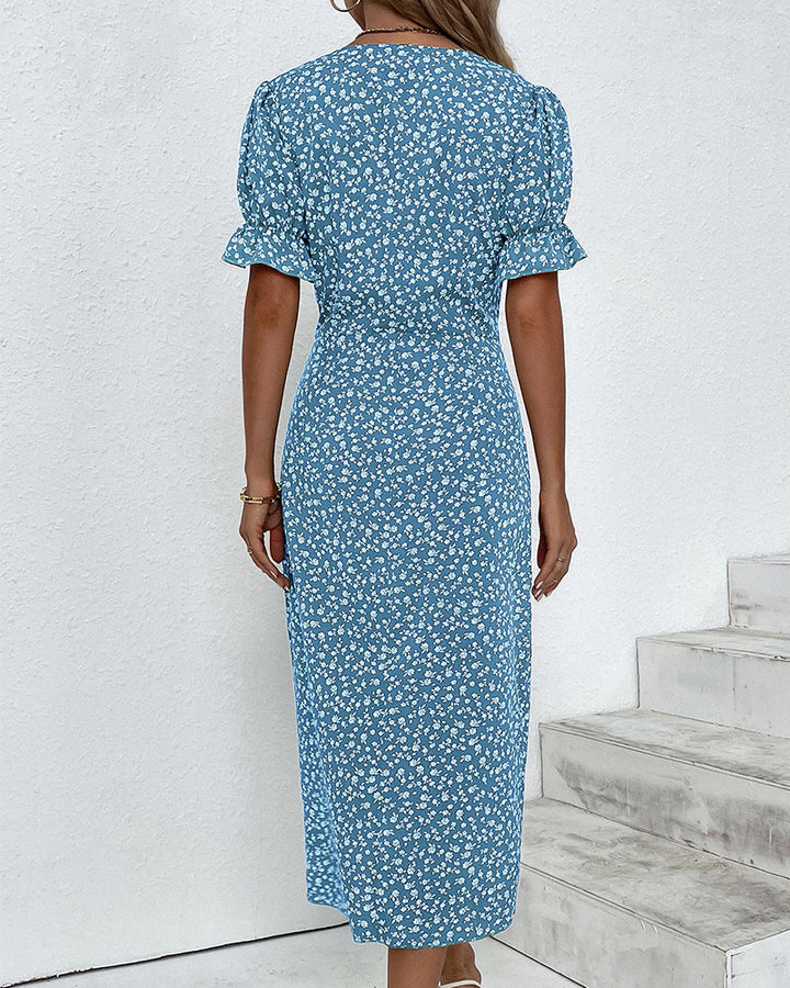 Women's V-neck wrap midi dress featuring chic short sleeves, offering comfort and style.