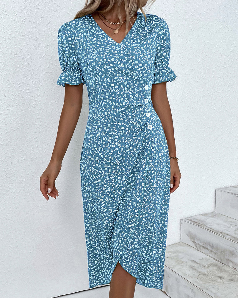 Flattering women's V-neck wrap midi dress, short sleeves, enhancing natural curves elegantly.