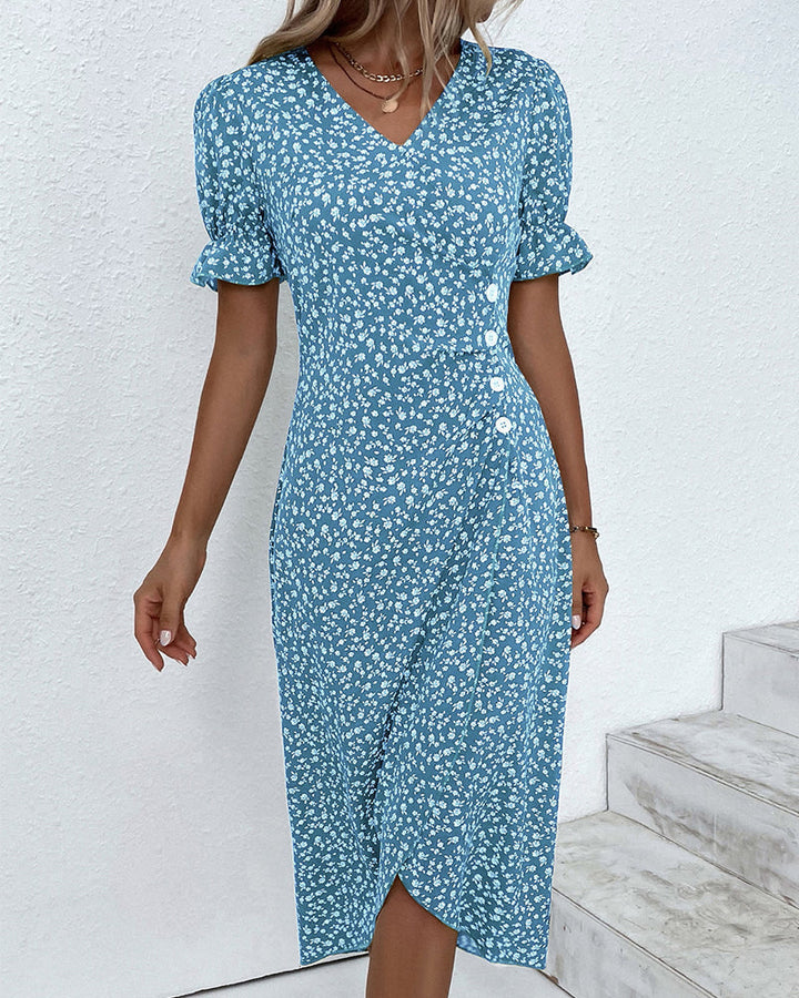 Flattering women's V-neck wrap midi dress, short sleeves, enhancing natural curves elegantly.