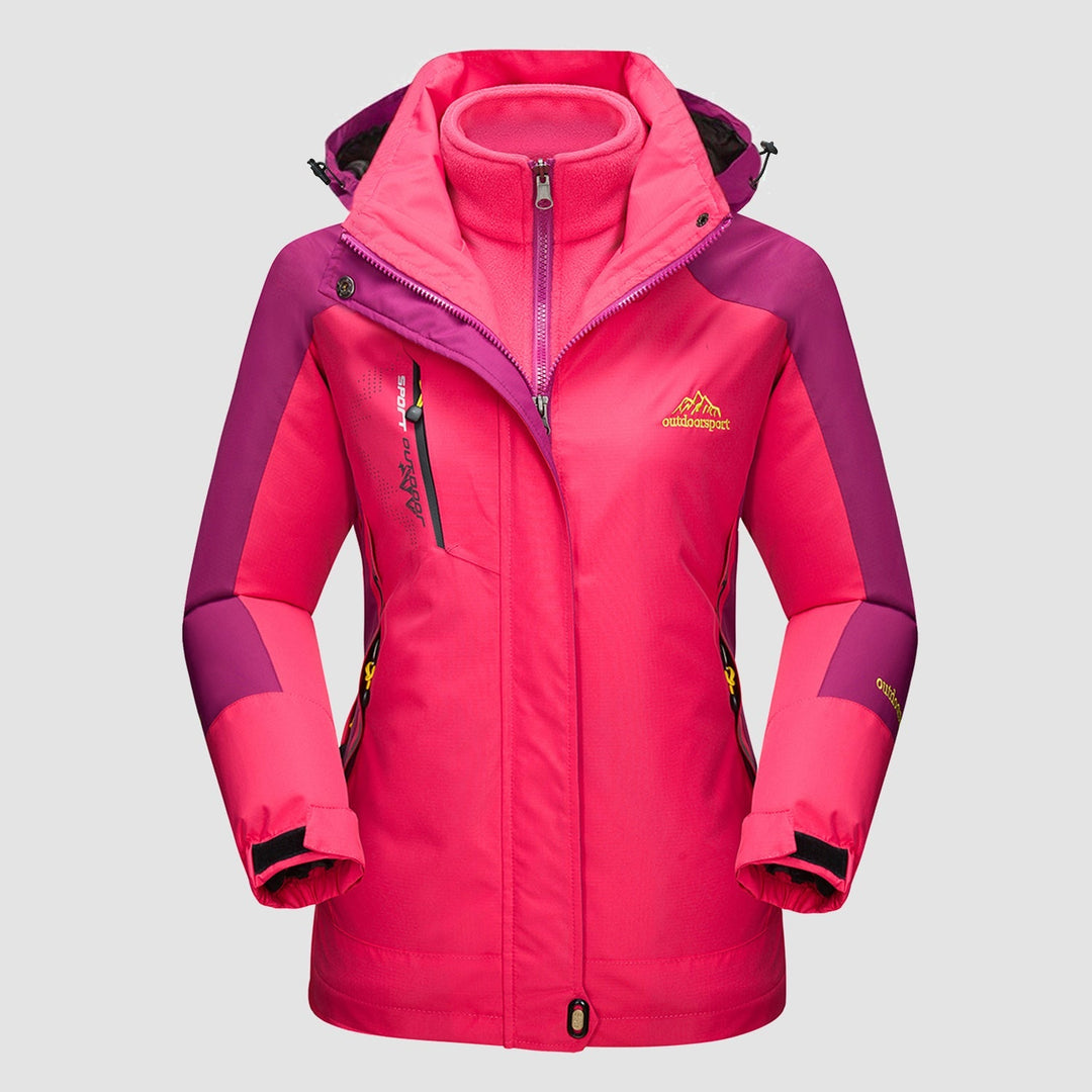 Full-length view of the Verona women's 3-in-1 waterproof jacket in an olive green, ready for adventure.