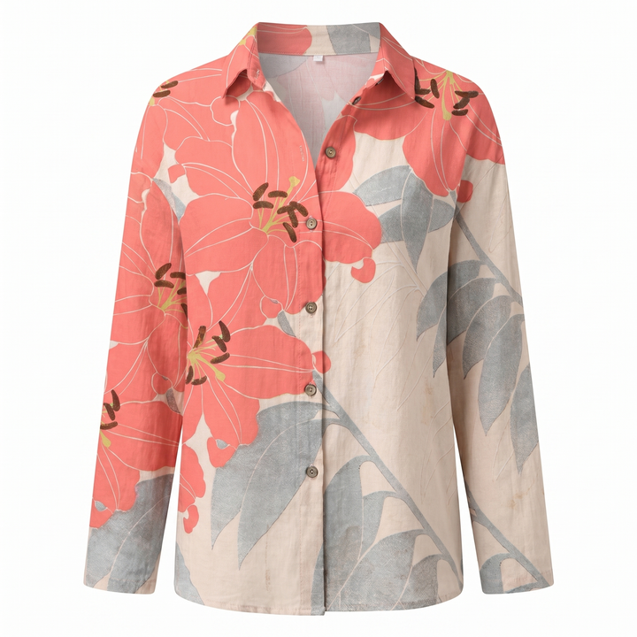 Unique abstract print women's blouse with stylish split neck & button front detail.