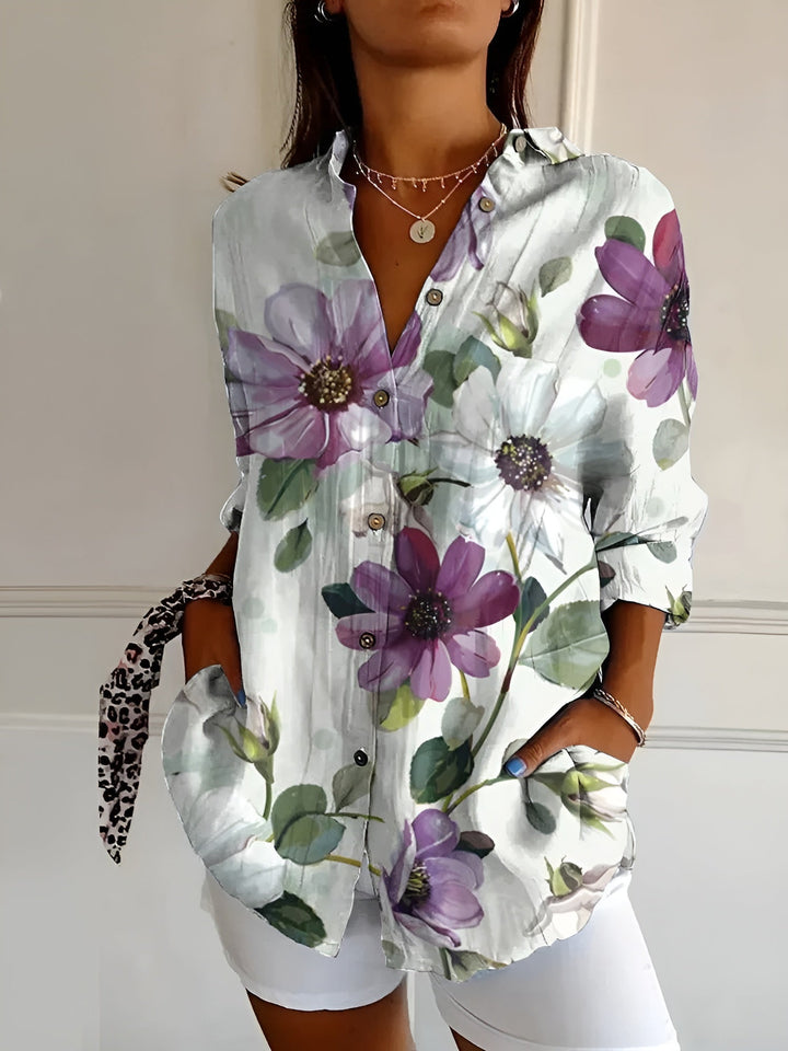 Women's casual long sleeve abstract print top, perfect with a split neck design.
