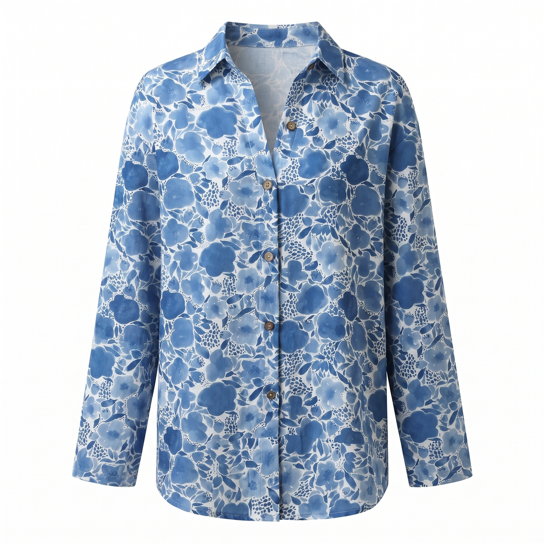 Stylish women's abstract print blouse with split neck and long sleeves.