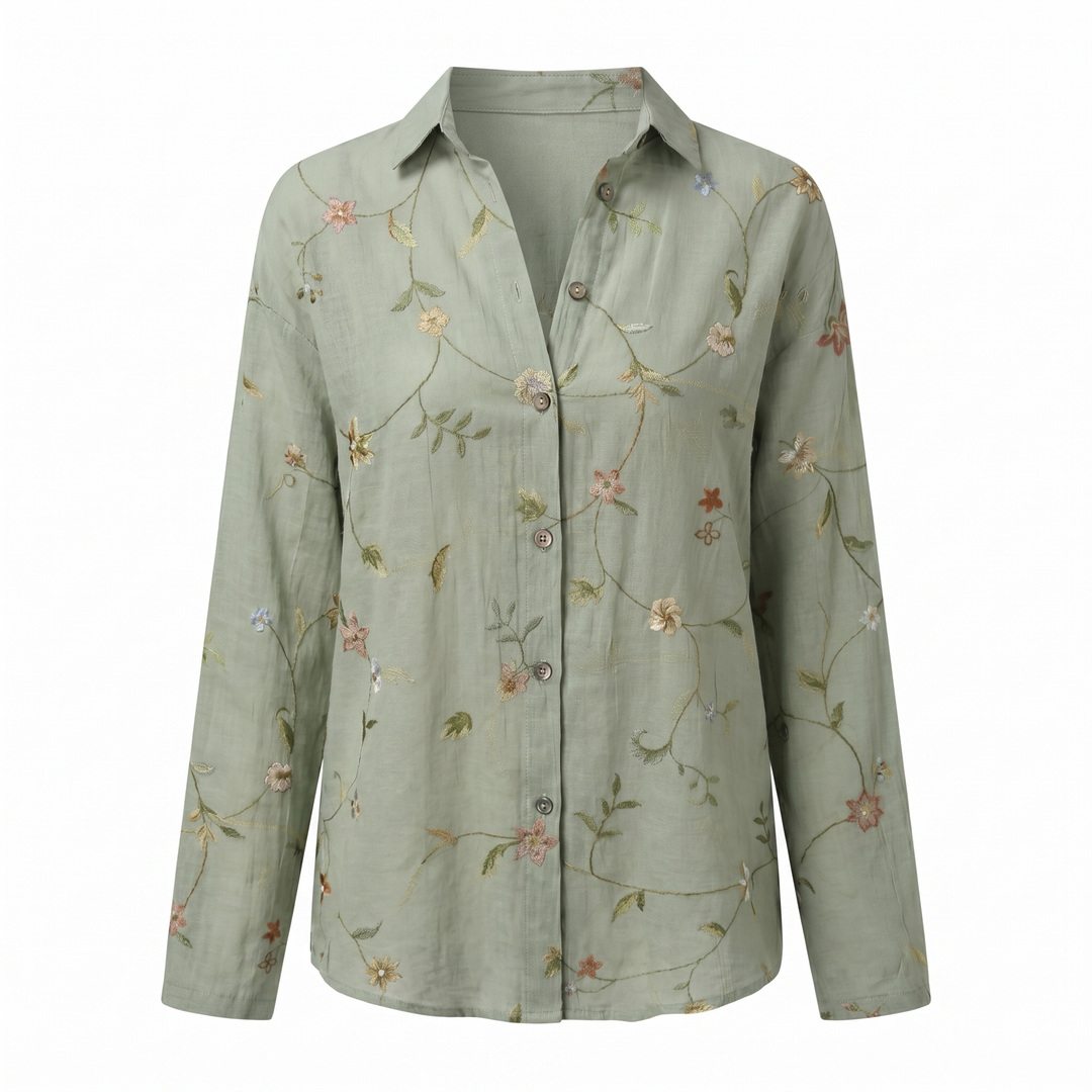 Casual women's button front abstract print blouse, versatile long sleeve top.