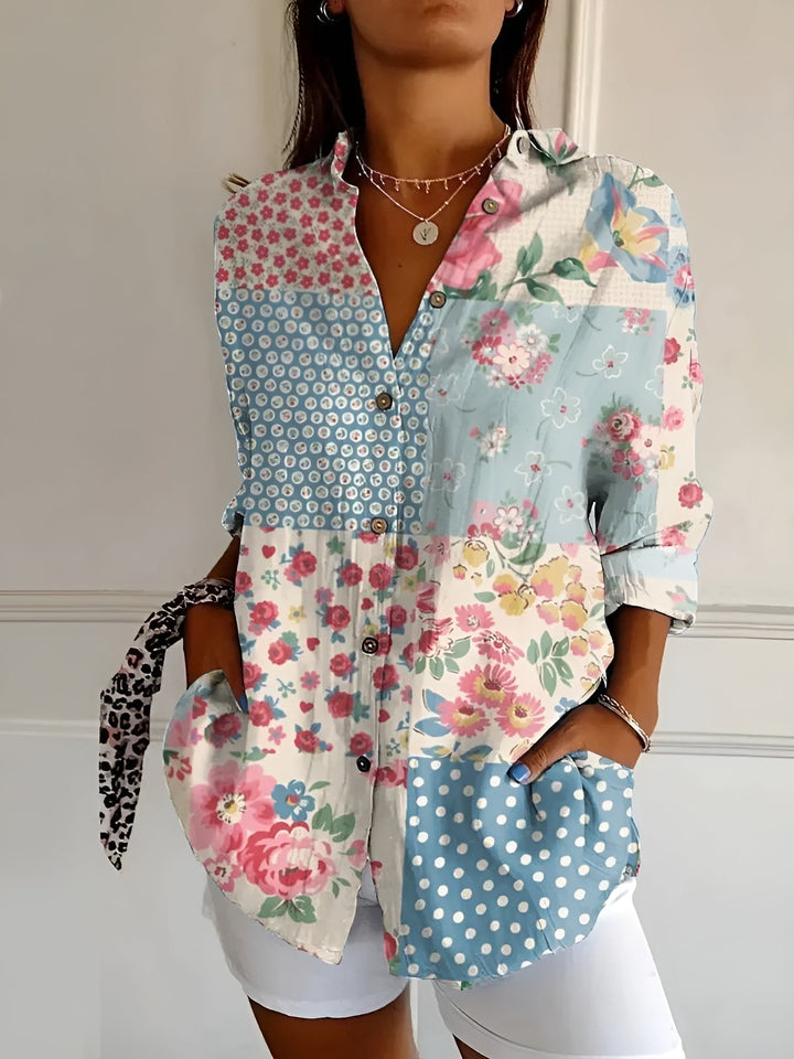 Elegant women's abstract print split neck blouse, perfect for fashion.