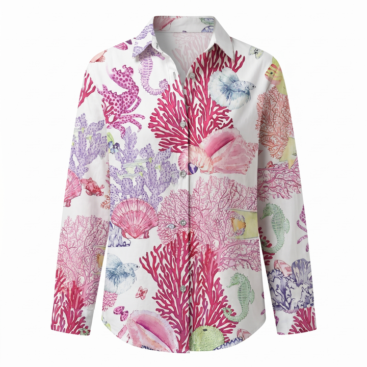 Chic women's abstract print blouse with a flattering split neck and long sleeves.
