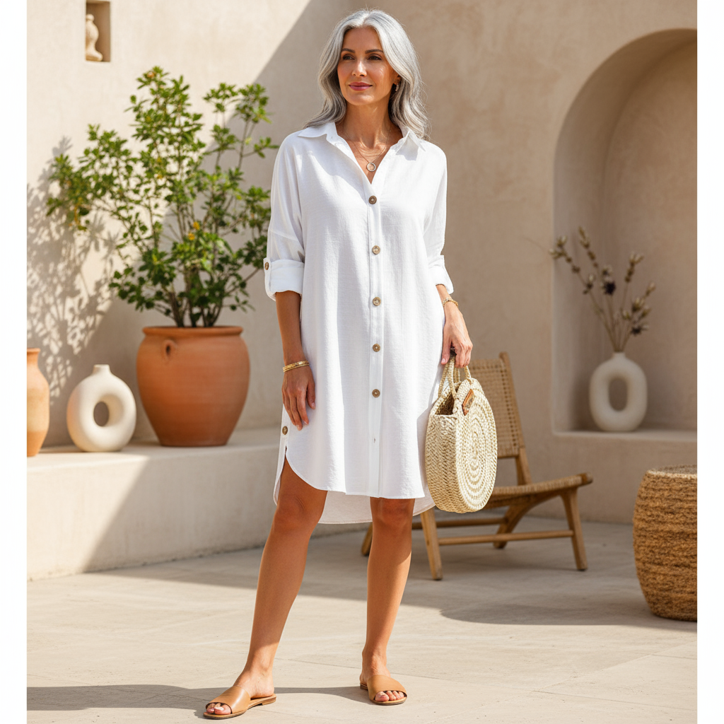 Women's versatile button-up shirt dress, effortlessly chic for casual or elegant wear.