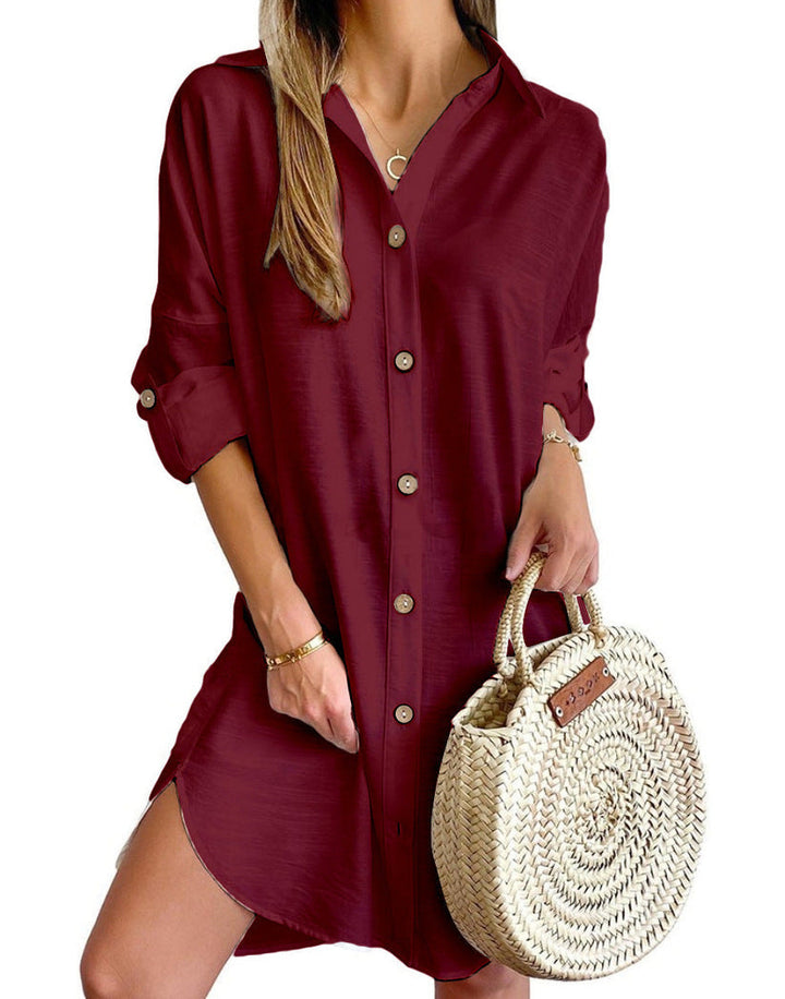 Smart casual women's button-up shirt dress, perfect for an elegant summer fashion look.