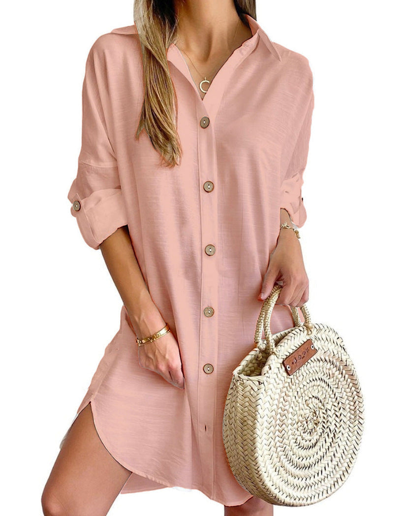 Women's fashion button-up shirt dress, comfortable & chic with stylish roll-up sleeves.