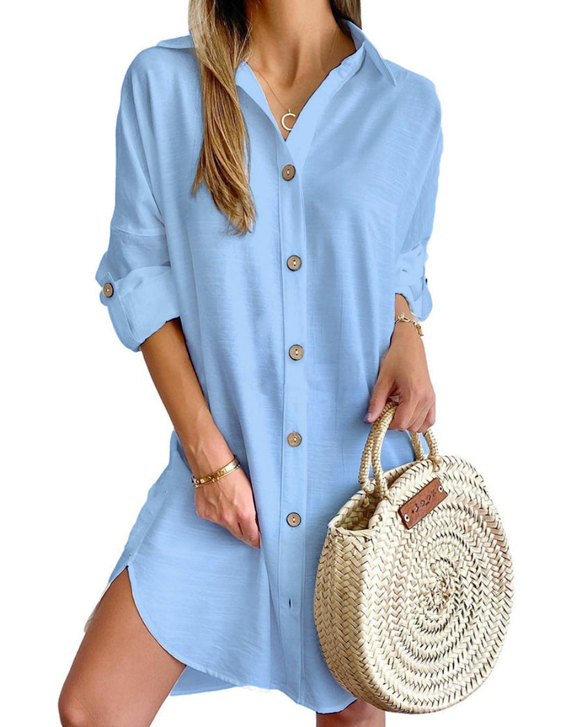 Versatile women's shirt dress with a full button-up design, ideal for various fashion styles.