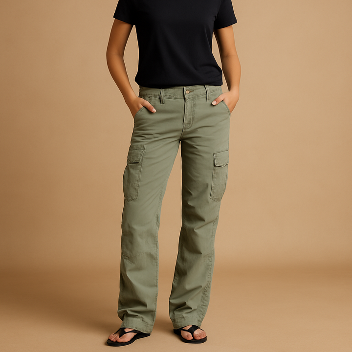 Stylish women's utility cargo pants featuring a straight leg and practical multi-pockets for modern apparel.