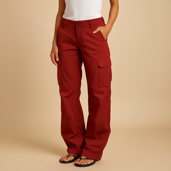 Trendy women's straight-leg cargo pants in a neutral tone, perfect for versatile, comfortable daily fashion.