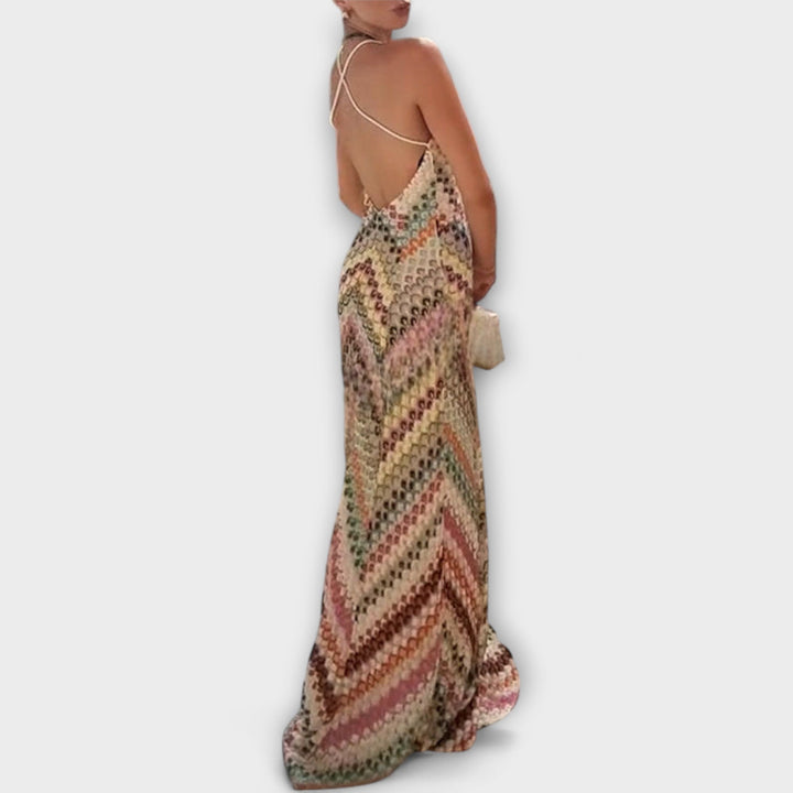 Chic women's vibrant herringbone maxi dress, v-neck, ankle-length, great for parties, vacation, or evenings.
